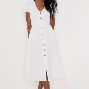 Lulus Sicily Sweetheart White Button-front Puff Sleeve Midi Dress - Size S